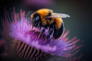 Stunning macro shot of a buzzing bumblebee collecting nectar from a vibrant purple thistle flower generative ai - obrazy, fototapety, plakaty