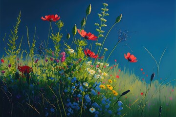 Vibrant colorful wildflowers in a meadow, set against a deep blue sky generative ai