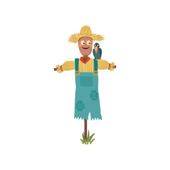Happy scarecrow with bird vector illustration. Cartoon drawing of farm character on white background. Farming, autumn, harvest, Thanksgiving concept