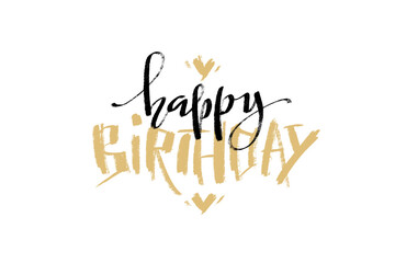 Happy Birthday greeting horizontal card. Modern vector typography. Hand written lettering with hearts.