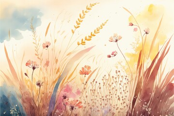Obraz na płótnie Canvas watercolor meadow background 8k delicate warm colors generative ai