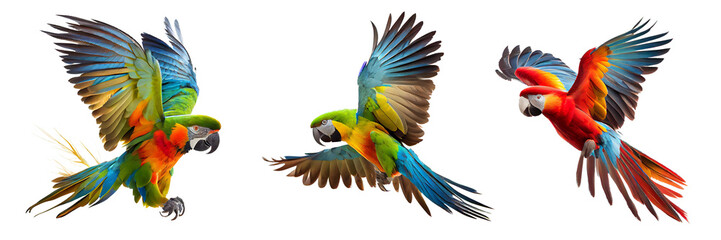 beautiful parrots flying on a transparent background for decorating projects. AI generative