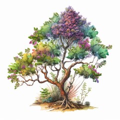 Naklejka premium a cute woodland myrtle tree in watercolor, artistic, fresh spring colors generative ai