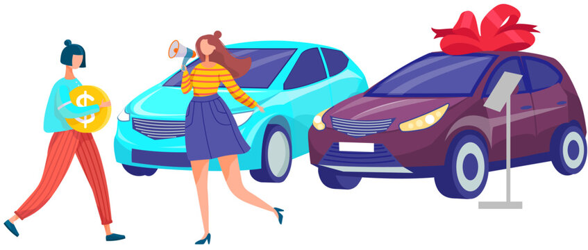 Advertising agent girl attracts customers to car showroom center with autos market, exhibition inside. Automobile dealership store shop. New modern vehicles models demonstration, sale and trading