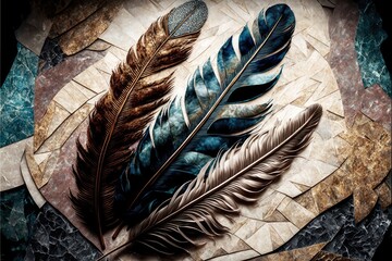 A Mosaic of Majestic Bird Feathers on a Marble Background  generative ai