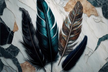 A Mosaic of Majestic Bird Feathers on a Marble Background  generative ai