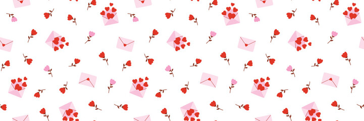 Seamless pattern with love letters and flowers. Vector design - obrazy, fototapety, plakaty