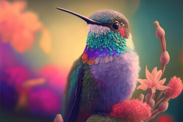 Delightful hummingbird on vibrant flowers with delicate bokeh and pastel colors generative ai