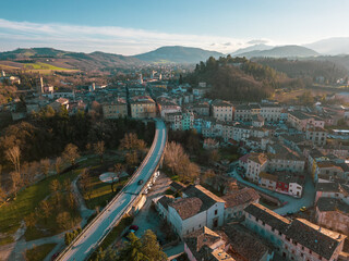 Italy, January 2023: aerial view of the medieval village of Pergola after the flood of September 2022. The village is located in the Marche region in the province of Pesaro and Urbino