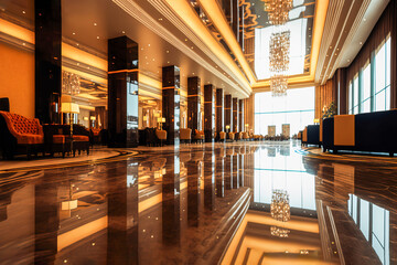 A long luxurious hotel lobby with black marble columns, Generative AI