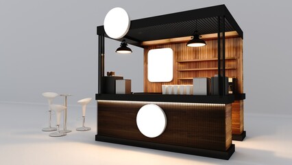 Kiosk stand booth market cart for sell product food drink wood decoration stainless steel construction with blank space logo company. High resolution image white background isolated. 