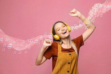Beautiful happy woman listening to music on pink background. Music notes illustrations flowing from...