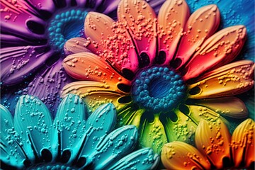  a close up of a colorful flower with water droplets on the petals and the petals are multicolored and the petals are blue, red, yellow, green, orange, pink, and purple, and red.  generative ai