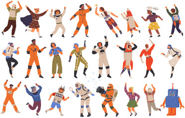 Animators at birthday party in cosmic style. Theme party in costumes. Dancing people in costumes have fun at space party. Characters in self made outfits surrounded by cosmic bodies, space disco