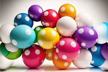  a group of colorful balls with white polka dots on a white background with a reflection on the floor of the ball and the bottom half of the ball.  generative ai