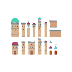 Medieval castle or palace elements vector illustrations set. Collection of drawings of towers, walls, doors for fortresses isolated on white background. Architecture, construction, history concept