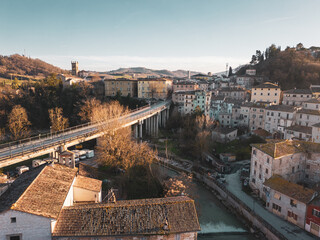 Italy, January 2023: aerial view of the medieval village of Pergola after the flood of September...