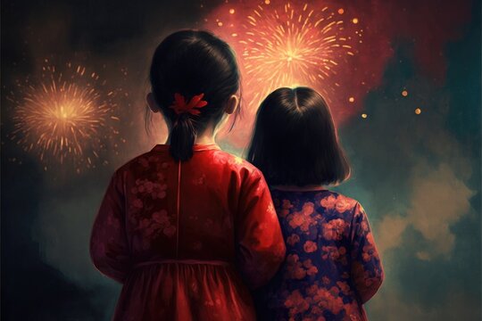 Sisters Wear Cheongsam Back View Watch Amazing  Fire Work