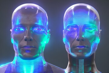 Obraz premium two male human figures, holographic, glowing hologram, artificial intelligence, blue and green lights on body, dark gray background. Generative Ai 
