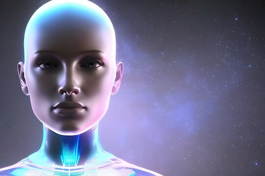 futuristic bald female figure symbolizing an artificial intelligence, ai, humanoid, cyborg, universe background.  Generative Ai