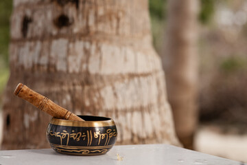 singing Tibetan bowl on the background of the trunk of a palm tree. Relaxation and meditation....