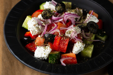 Close up of Greek salad healthy food fresh vegetables