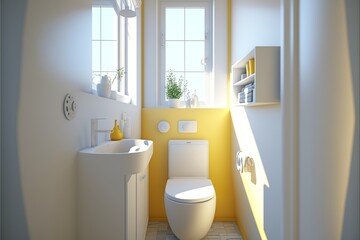 Sunny scandinavian interior restroom with a window and with toilet and washbasin