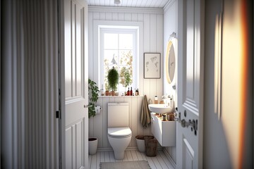 Fototapeta na wymiar Scandinavian interior restroom with window and a toilet in the daylight