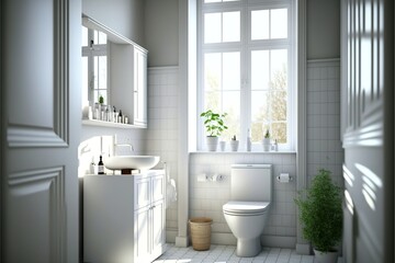 Fototapeta na wymiar Scandinavian interior restroom with a mirror and white toilet and washbasin