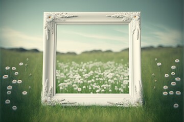  a picture frame sitting in the middle of a field of grass with daisies in the foreground and a field of dandelions in the background.  generative ai
