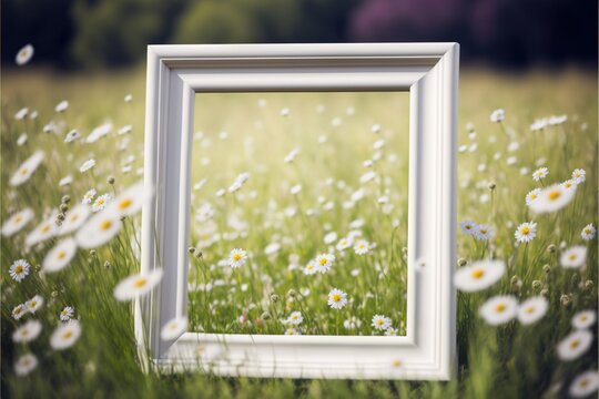  a picture frame sitting in the middle of a field of daisies with a field of daisies in the background and a field of daisies in the foreground.  generative ai