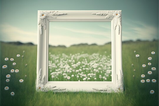  a picture frame sitting in the middle of a field of grass with daisies in the foreground and a field of dandelions in the background.  generative ai