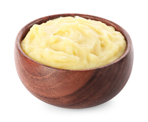 Wooden bowl of delicious mashed potato isolated on white