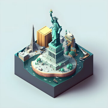 Isometric box of little New York, Statue of Liberty in center, 3d render, created with Generative AI Technology