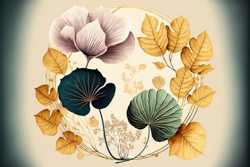  a painting of leaves and flowers on a white background with a gold frame in the middle of the frame is a circular design with leaves and flowers on it.  generative ai