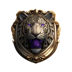 Fotobehang A Silver and gold metal tiger head metal emblem. 3D style tiger metal badge. Coat of arms tiger head. Tiger head metal insignia. Animal badge. Tiger head metal symbol. Medallion. © Etagonam