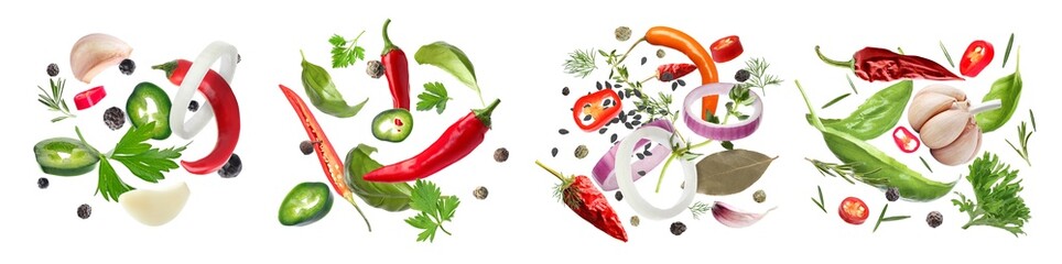 Collage with many different spices falling on white background