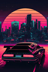 Obraz na płótnie Canvas Vertical synthwave poster with city landscape, super car and sunset. Futuristic cityscape in neon colors. Generative AI