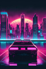 Vertical synthwave poster with city landscape, super car and sunset. Futuristic cityscape in neon colors. Generative AI