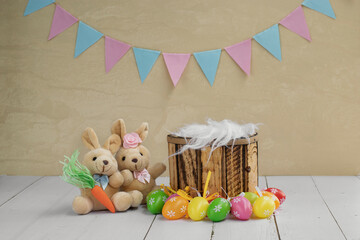 Newborn digital backdrop with easter bunny and eggs. Newborn easter background. front view. 