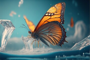 Fototapeta na wymiar a butterfly is flying over a crystal block of ice in the water with a splash of water on it's wings and a blue sky background. generative ai