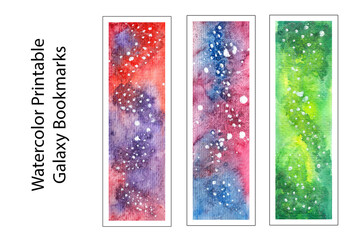 Set of watercolor galaxy bookmarks. Watercolor clipart.