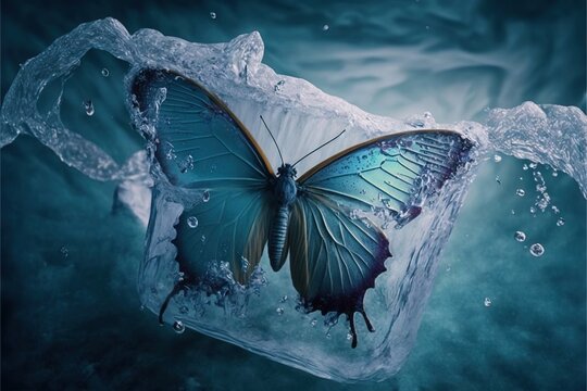  a blue butterfly sitting on top of an ice block in the water with bubbles around it and a blue sky background with clouds and blue water.  generative ai