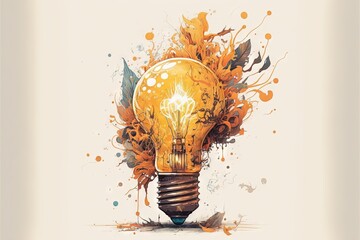  a painting of a light bulb with a lot of paint splatters on it and a splatter of leaves on the top of the bulb.  generative ai