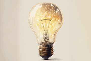  a drawing of a light bulb with a drawing of a building inside of the light bulb, on a beige background, with a white background.  generative ai