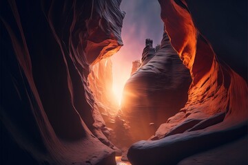  a narrow canyon with a river running through it and a bright light coming from the end of the canyon in the distance is seen through the narrow opening.  generative ai - obrazy, fototapety, plakaty