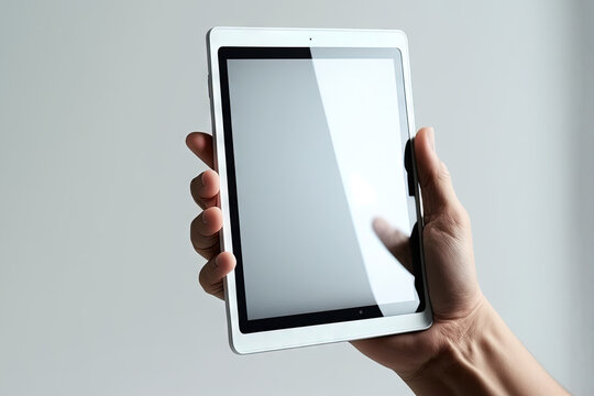  A Person Holding A Tablet With A White Screen In Their Hand And A White Background Behind It, With A Hand Holding A Tablet With A White Screen.  Generative Ai