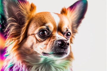  a small dog with a multicolored coat of fur on it's head looking at the camera with a sad look on its face.  generative ai