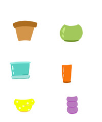 Set of six flat colorful isolated flower pots and vases in the illustration