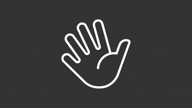 Animated waving hand white line icon. Welcoming gesture. Loop HD video with chroma key, alpha channel on transparent background, black solid background. Outline motion graphic animation